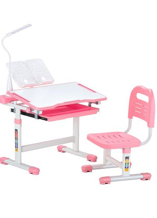Kids Study Chair and Desk Set, Study Desk and Chair for Kids with Table Lamp, Adjustable Height & 0-40° Tilted Desktop Kids Desk and Chair, Children Study Table for Bedroom & Study Room, Pink