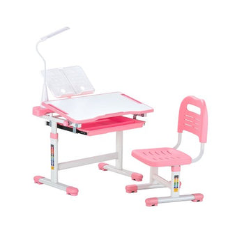 Kids Study Chair and Desk Set, Study Desk and Chair for Kids with Table Lamp, Adjustable Height & 0-40° Tilted Desktop Kids Desk and Chair, Children Study Table for Bedroom & Study Room, Pink