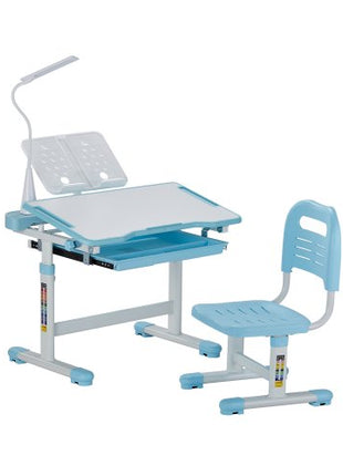 Kids Study Chair and Desk Set, Study Desk and Chair for Kids with Table Lamp, Adjustable Height & 0-40° Tilted Desktop Kids Desk and Chair, Children Study Table for Bedroom & Study Room, Blue