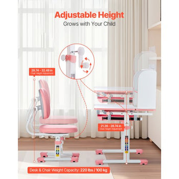 Kids Study Chair and Desk Set, Study Desk and Chair for Kids with Bookshelf & Storage Drawer, Adjustable Height & 0-40° Tilted Desktop Desk and Chair, Study Table for Bedroom & Study Room, Pink