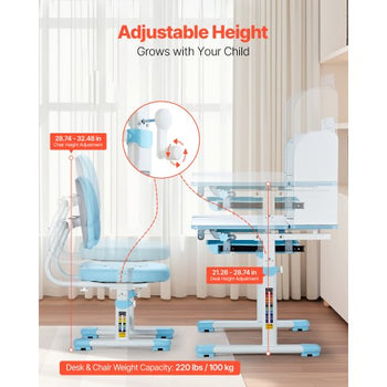 Kids Study Chair and Desk Set, Study Desk and Chair for Kids with Bookshelf & Storage Drawer, Adjustable Height & 0-40° Tilted Desktop Desk and Chair, Study Table for Bedroom & Study Room, Blue