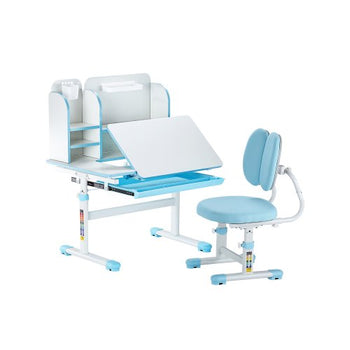 Kids Study Chair and Desk Set, Study Desk and Chair for Kids with Bookshelf & Storage Drawer, Adjustable Height & 0-40° Tilted Desktop Desk and Chair, Study Table for Bedroom & Study Room, Blue