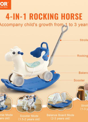 4 in 1 Rocking Horse for Toddlers 1-3 Years, Baby Rocking Horse with Detachable Balance Board, Push Handle and 4 Smooth Wheels, Support up to HDPE 80 lbs Kids Ride on Toy with Sound, Blue