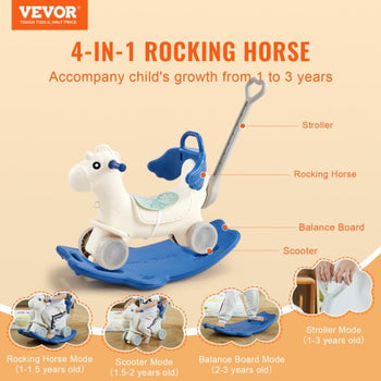 4 in 1 Rocking Horse for Toddlers 1-3 Years, Baby Rocking Horse with Detachable Balance Board, Push Handle and 4 Smooth Wheels, Support up to HDPE 80 lbs Kids Ride on Toy with Sound, Blue
