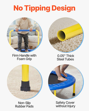 Yellow kids' trampoline with foam grip handles, thick steel tubes, non-slip rubber pads, and safety cover for secure play.