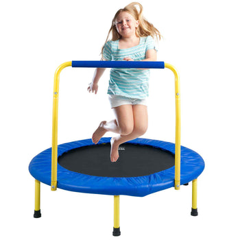 Blue and yellow children's trampoline with safety handle, perfect for indoor play, featuring a padded edge for safety.