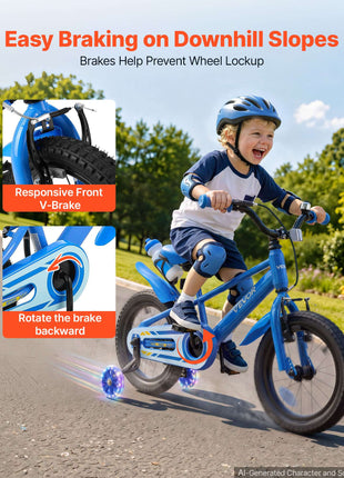 Kids Bike, 14 Inch Children Bicycle, Training Wheels BMX Style Blue, for Boys Girls Ages 3-5, Adjustable Seat & Handlebar, Front Brake & Rear Coaster Brake, Cup Holder, High-Carbon Steel Frame