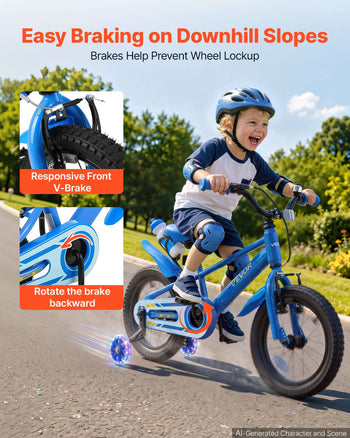 Kids Bike, 14 Inch Children Bicycle, Training Wheels BMX Style Blue, for Boys Girls Ages 3-5, Adjustable Seat & Handlebar, Front Brake & Rear Coaster Brake, Cup Holder, High-Carbon Steel Frame