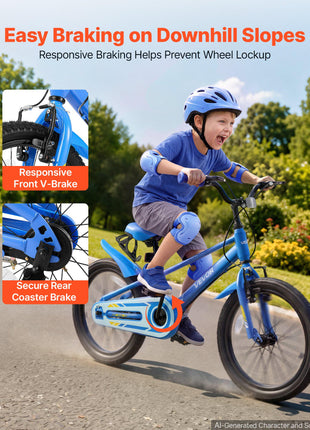 Kids Bike, 18 in Children Bicycle, with Kickstand BMX Style Blue, for Boys Girls Ages 5-8, Adjustable Seat & Handlebar, Front Brake and Rear Drum Brake, Cup Holder, High-Carbon Steel Frame