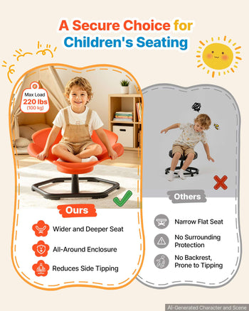Spinning Chair for Autistic Kids Ages 3-12 Autism Sensory Toy 220 LBS, Sit and Spin Swivel Seat for Children ADHD, Secure Supportive Backrest, Training Body Coordination, 25.6" L x 25.6" W, Orange