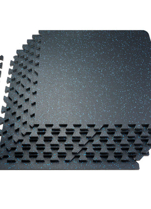 0.56 Inch Thick Gym Floor Mats, 12 Tiles Rubber Top with EVA Foam, 25" x 25" Gym Flooring Workout Mats with 48 sq.ft Coverage, Interlocking Puzzle Gym Mats for Gym, Home, Garage, Black & Blue