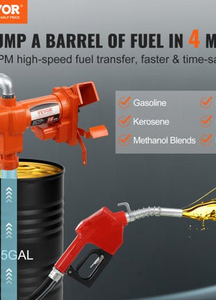 Fuel Transfer Pump, 12V DC 16 GPM 1/4 HP, Gasoline Extractor Pump with Automatic Nozzle, Discharge Hose & Suction Pipe for Gasoline, Diesel, Kerosene, Ethanol & Methanol Blends, and Biodiesel