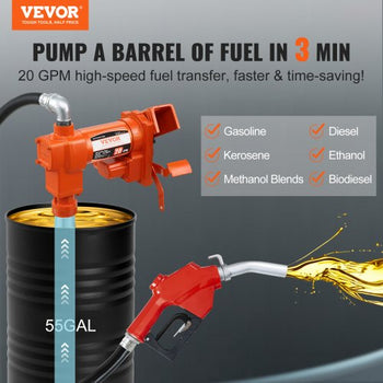 Fuel Transfer Pump, 12V DC 20 GPM 1/4 HP, Gasoline Extractor Pump with Automatic Nozzle, Discharge Hose & Suction Pipe for Gasoline, Diesel, Kerosene, Ethanol & Methanol Blends, and Biodiesel