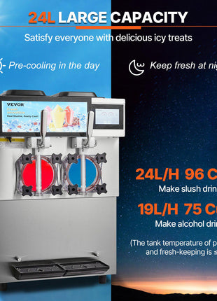 Commercial Slushy Machine, 2 x 12L / 3.17 Gal Double Tanks, Cool and Freeze Modes, Stainless Steel Margarita Smoothie Frozen Drink Maker, Slushie Machine for Party Cafes Restaurants Bars Home