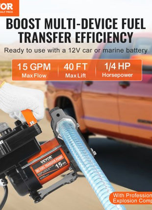Fuel Transfer Pump, 12V DC 15 GPM 1/4 HP, Portable Electric Diesel Transfer Pump with Auto Shut-Off Fuel Nozzle, Long Inlet & Outlet Hose for Gasoline, Diesel, Kerosene, Methanol Blends