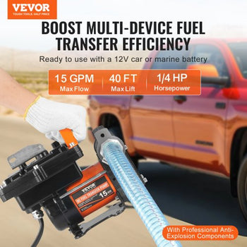 Fuel Transfer Pump, 12V DC 15 GPM 1/4 HP, Portable Electric Diesel Transfer Pump with Auto Shut-Off Fuel Nozzle, Long Inlet & Outlet Hose for Gasoline, Diesel, Kerosene, Methanol Blends