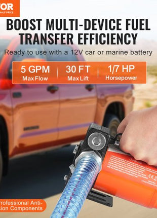 Fuel Transfer Pump, 12V DC 5.3 GPM 1/10 HP, Portable Electric Diesel Transfer Pump with Auto Shut-Off Fuel Nozzle, Long Inlet & Outlet Hose for Gasoline, Diesel, Kerosene, Methanol Blends