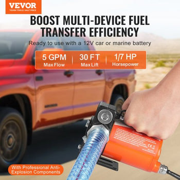 Fuel Transfer Pump, 12V DC 5.3 GPM 1/10 HP, Portable Electric Diesel Transfer Pump with Auto Shut-Off Fuel Nozzle, Long Inlet & Outlet Hose for Gasoline, Diesel, Kerosene, Methanol Blends
