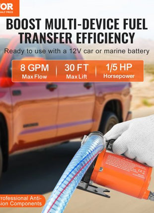 Fuel Transfer Pump, 12V DC 8 GPM 1/6 HP, Portable Electric Diesel Transfer Pump with Auto Shut-Off Fuel Nozzle, Long Inlet & Outlet Hose for Gasoline, Diesel, Kerosene, Methanol Blends