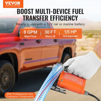 Fuel Transfer Pump, 12V DC 8 GPM 1/6 HP, Portable Electric Diesel Transfer Pump with Auto Shut-Off Fuel Nozzle, Long Inlet & Outlet Hose for Gasoline, Diesel, Kerosene, Methanol Blends