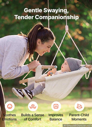 Baby Swing 66 lbs Weight Capacity 3 Modes Canvas Hammock Swing White, for Indoor and Outdoor, 5-Point Harness and Tree Straps, Wooden Hanging Seat with Integrated Cushion for Baby to Toddler
