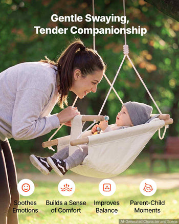 Baby Swing 66 lbs Weight Capacity 3 Modes Canvas Hammock Swing White, for Indoor and Outdoor, 5-Point Harness and Tree Straps, Wooden Hanging Seat with Integrated Cushion for Baby to Toddler