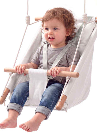 Baby Swing 66 lbs Weight Capacity 3 Modes Canvas Hammock Swing White, for Indoor and Outdoor, 5-Point Harness and Tree Straps, Wooden Hanging Seat with Integrated Cushion for Baby to Toddler