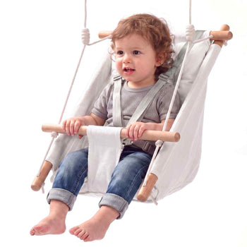Baby Swing 66 lbs Weight Capacity 3 Modes Canvas Hammock Swing White, for Indoor and Outdoor, 5-Point Harness and Tree Straps, Wooden Hanging Seat with Integrated Cushion for Baby to Toddler