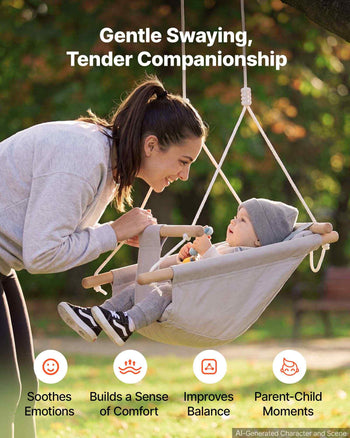Baby Swing 66 lbs Weight Capacity 3 Modes Canvas Hammock Swing Gray, for Indoor and Outdoor, 5-Point Harness and Tree Straps, Wooden Hanging Seat with Integrated Cushion for Baby to Toddler