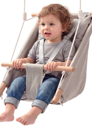 Baby Swing 66 lbs Weight Capacity 3 Modes Canvas Hammock Swing Gray, for Indoor and Outdoor, 5-Point Harness and Tree Straps, Wooden Hanging Seat with Integrated Cushion for Baby to Toddler