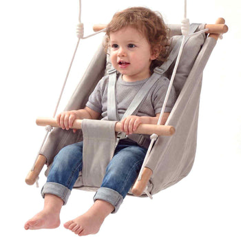 Baby Swing 66 lbs Weight Capacity 3 Modes Canvas Hammock Swing Gray, for Indoor and Outdoor, 5-Point Harness and Tree Straps, Wooden Hanging Seat with Integrated Cushion for Baby to Toddler