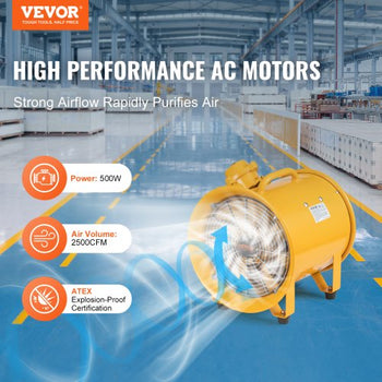Portable Ventilator, 12" Heavy Duty Cylinder Fan, 550W Strong Shop Exhaust Fan 2500CFM, 9.8ft Power Cord (No charging head), Industrial Utility Blower for Sucking Dust, Smoke Home/Workplace