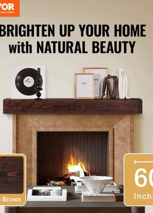 Fireplace Mantel, 60" x 8" x 6", 50 lbs Weight Capacity, Natural Wood Mantel for Over Fireplace, Wall Mounted Floating Farmhouse Shelf, Handcrafted Fireplace Mantel for Wall Decor, Rustic Brown