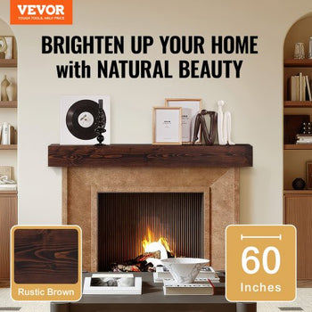 Fireplace Mantel, 60" x 8" x 6", 50 lbs Weight Capacity, Natural Wood Mantel for Over Fireplace, Wall Mounted Floating Farmhouse Shelf, Handcrafted Fireplace Mantel for Wall Decor, Rustic Brown