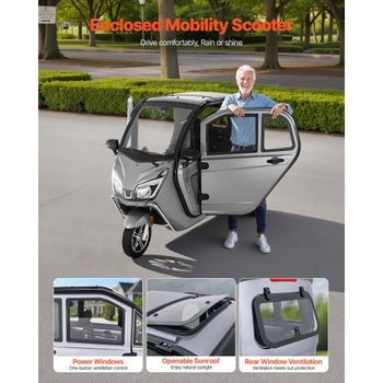 3-Wheel Enclosed Mobility Scooter for Seniors Adults, 650lbs Capacity, 3-Seater 1500W Electric Recreational Mobility Scooter 37 Miles Long Range, Remote Unlock, All-Terrain for Shopping Touring