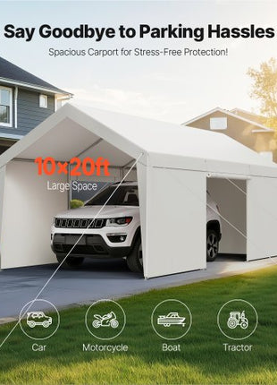 Carport, 10 x 20 FT Outdoor Car Canopy, Potable Carport with Removable Sidewalls & Door, Heavy Duty Car Shelter, UV-Resistant & Water-Resistant, All-Season Protection for Automobile Boat White