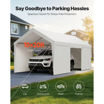 Carport, 10 x 20 FT Outdoor Car Canopy, Potable Carport with Removable Sidewalls & Door, Heavy Duty Car Shelter, UV-Resistant & Water-Resistant, All-Season Protection for Automobile Boat White