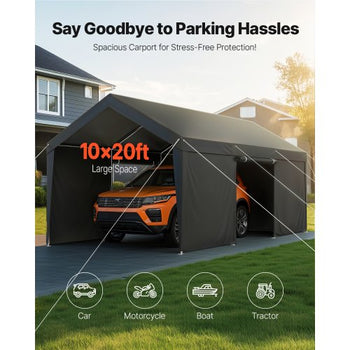 Carport, 10 x 20 FT Outdoor Car Canopy, Potable Carport with Removable Sidewalls & Door, Heavy Duty Car Shelter, UV-Resistant & Water-Resistant, All-Season Protection for Automobile Boat Grey