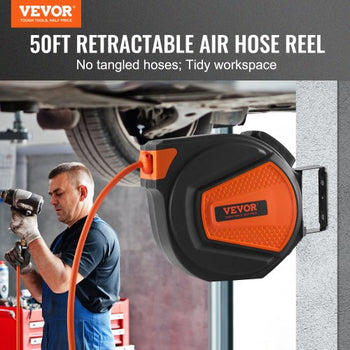 Retractable Air Hose Reel, 3/8 IN x 50 FT Hybrid Air Hose Max 300PSI, Air Compressor Hose Reel with 5 In Lead in, Ceiling / Wall Mount Enclosed Air Reel, 180° Swivel Mount