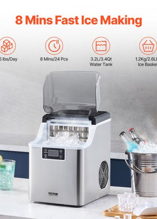 Countertop Ice Maker, 24 Cubes Ready in 15 Mins, 45lbs in 24Hrs, Self-Cleaning Portable Ice Maker with Ice Scoop and Basket, Ice Machine with 3 Sizes Ice Cube for Home Kitchen Office Party