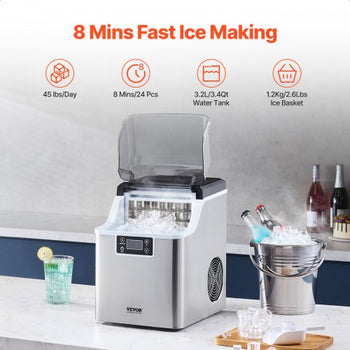 Countertop Ice Maker, 24 Cubes Ready in 15 Mins, 45lbs in 24Hrs, Self-Cleaning Portable Ice Maker with Ice Scoop and Basket, Ice Machine with 3 Sizes Ice Cube for Home Kitchen Office Party