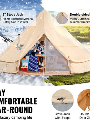 Beige canvas bell tent with double-sided mesh door, flame-retardant material, and stove jack, perfect for year-round camping.
