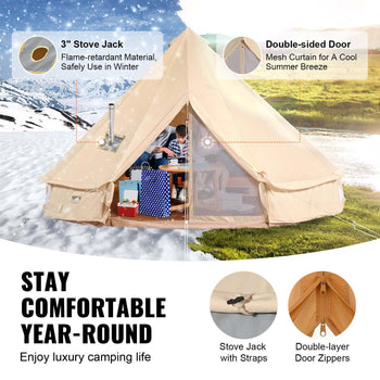 Beige canvas bell tent with double-sided mesh door, flame-retardant material, and stove jack, perfect for year-round camping.