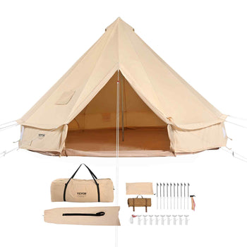 Beige canvas bell tent with poles, stakes, and carry bag for outdoor camping. Stylish and durable design.