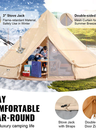 Beige luxury canvas tent with double-sided door, stove jack, and mesh curtain for summer breezes, perfect for year-round camping.
