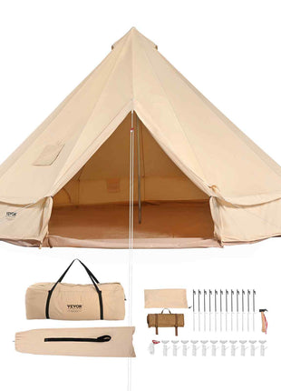 Beige canvas bell tent with stove jack, includes carrying bag, poles, stakes, and connectors for easy setup.