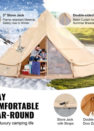 Cream canvas bell tent with double-sided door, flame-retardant material, and a 3" stove jack for winter camping.