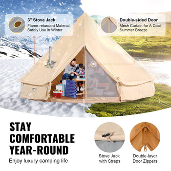 Cream canvas bell tent with double-sided door, flame-retardant material, and a 3" stove jack for winter camping.