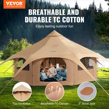 Canvas Tent, 4 Seasons 5 m/16.4 ft Bell Tent, Canvas Tent for Camping with Stove Jack, Breathable Yurt Tent for up to 8 People, Family Camping Outdoor Hunting Party