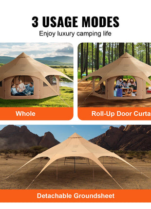 Beige waterproof tent with roll-up door curtains, detachable groundsheet, ideal for luxury camping, versatile 3 usage modes.